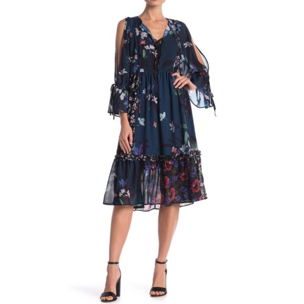 French Connection Celia Midi ruffle floral dress shell, size L